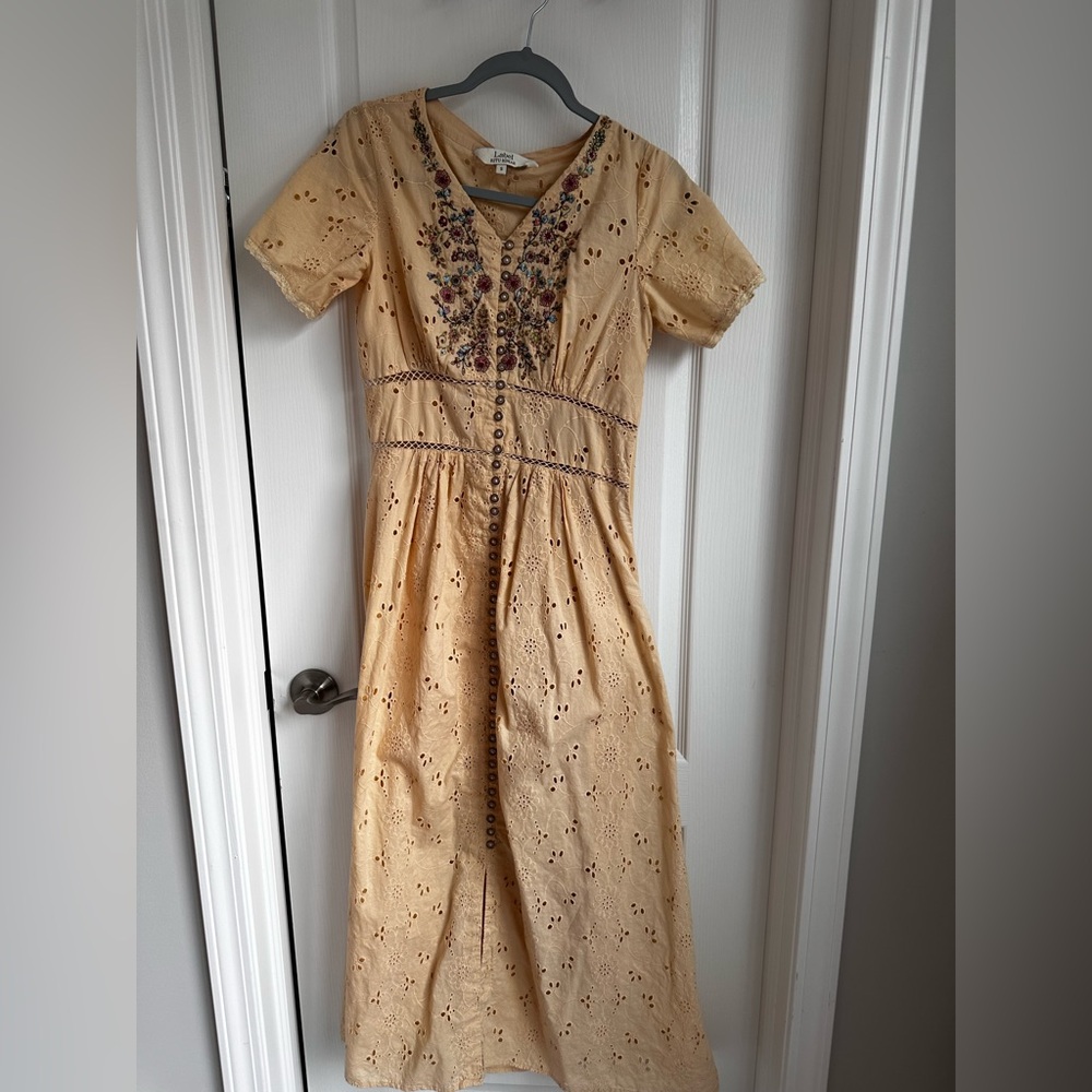 Embroidered Yellow Button-Down Dress